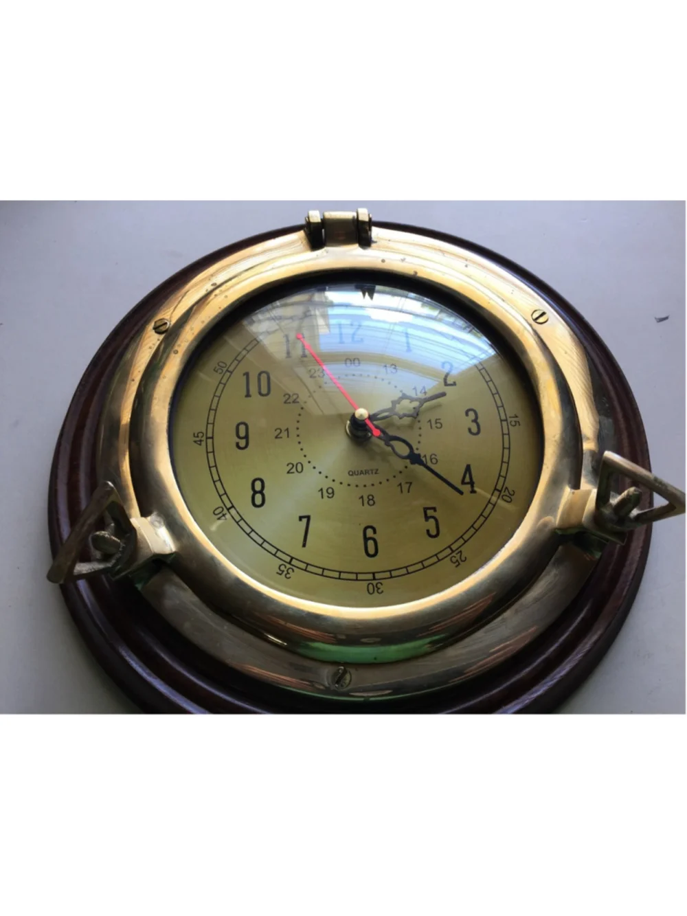 Nautical Ship’s Clock Porthole Look Brass & dark wood 10 Inch Working